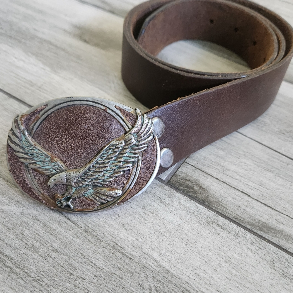 Eagle Belt Buckle Silver Tone Metal & Leather Brown Belt Western Rodeo Ranch